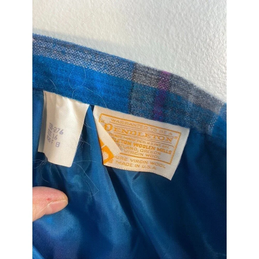 Vintage Pendleton Skirt Women's 16 Blue Plaid Wool Academia 100% Virgin Wool USA